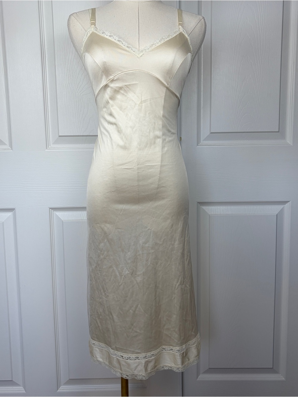 Ivory Satin Slip Dress with Lace Trim